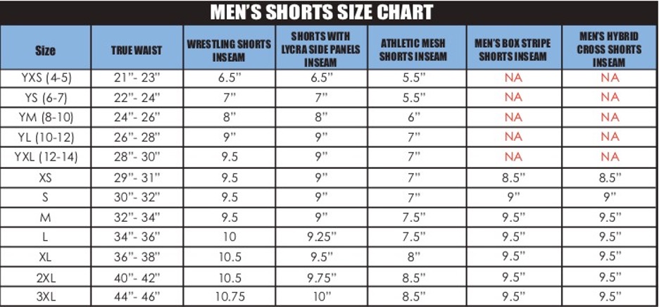 Mens Shorts Sizing